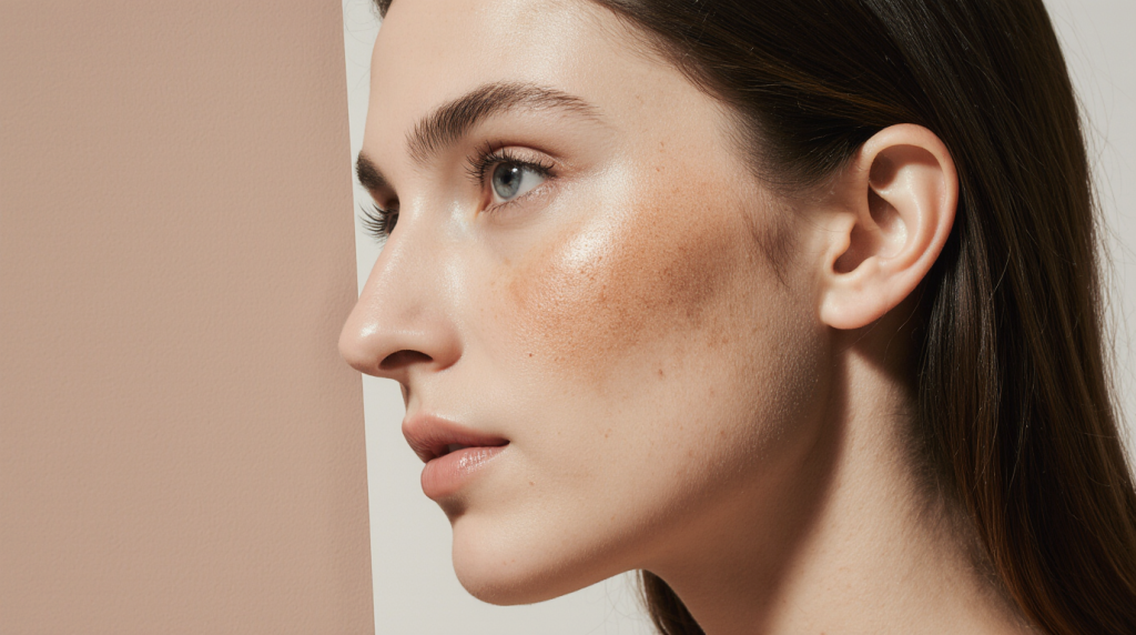 Rostro femenino en primer plano con pecas y piel luminosa